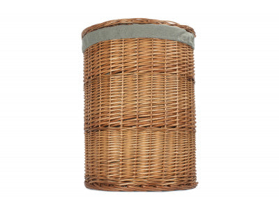 Basket, LARGE LIGHT STEAMED ROUND LINEN BASKET with GREY SAGE LINING