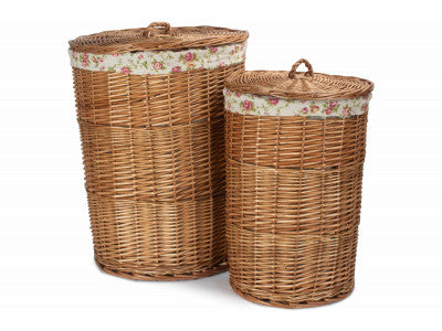 Basket, Set of 2 LIGHT STEAMED ROUND LINEN BASKET with GARDEN ROSE LINING 