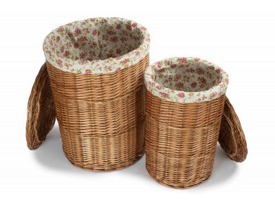 Basket, Set of 2 LIGHT STEAMED ROUND LINEN BASKET with GARDEN ROSE LINING 