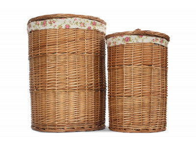 Basket, Set of 2 LIGHT STEAMED ROUND LINEN BASKET with GARDEN ROSE LINING 