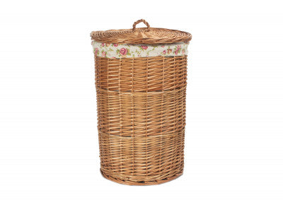 Basket, SMALL LIGHT STEAMED ROUND LINEN BASKET with GARDEN ROSE LINING 