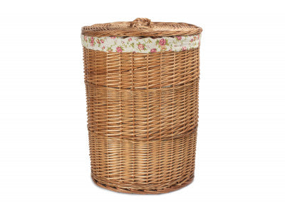 Basket, LARGE LIGHT STEAMED ROUND LINEN BASKET with GARDEN ROSE LINING