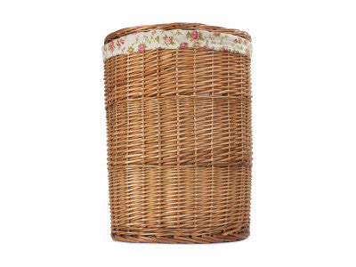 Basket, LARGE LIGHT STEAMED ROUND LINEN BASKET with GARDEN ROSE LINING
