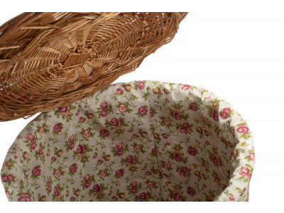 Basket, LARGE LIGHT STEAMED ROUND LINEN BASKET with GARDEN ROSE LINING