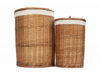 Basket, LIGHT STEAMED ROUND LINEN BASKET with WHITE LINING SET 2 