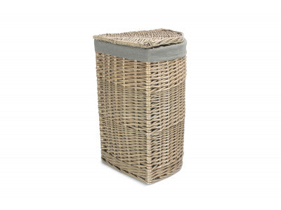 Basket, SMALL ANTIQUE WASH CORNER LAUNDRY BASKET with GREY SAGE LINING 