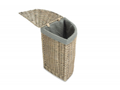 Basket, SMALL ANTIQUE WASH CORNER LAUNDRY BASKET with GREY SAGE LINING 