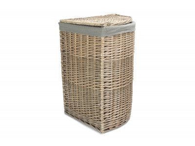 Basket, LARGE ANTIQUE WASH CORNER LAUNDRY BASKET with GREY SAGE LINING