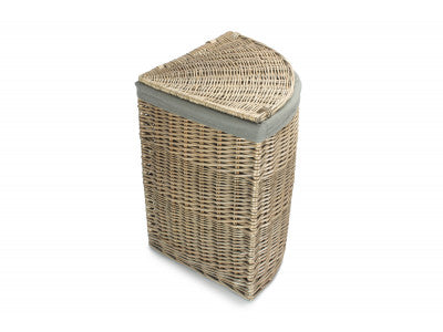 Basket, LARGE ANTIQUE WASH CORNER LAUNDRY BASKET with GREY SAGE LINING
