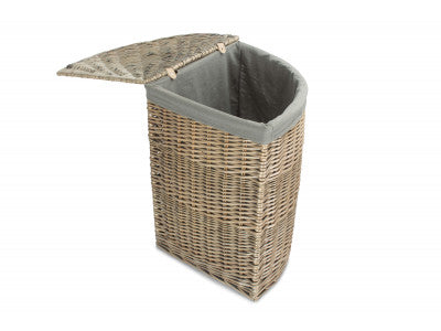 Basket, LARGE ANTIQUE WASH CORNER LAUNDRY BASKET with GREY SAGE LINING