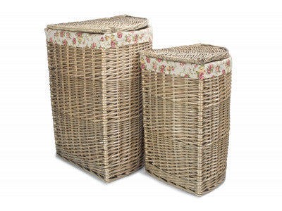 Basket, Set of 2 ANTIQUE WASH CORNER LAUNDRY BASKET with GARDEN ROSE LINING 
