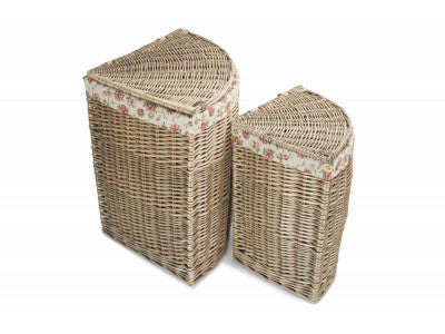 Basket, Set of 2 ANTIQUE WASH CORNER LAUNDRY BASKET with GARDEN ROSE LINING 