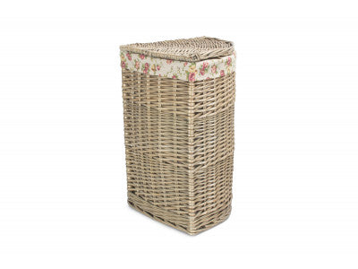 Basket, SMALL ANTIQUE WASH CORNER LAUNDRY BASKET with GARDEN ROSE LINING