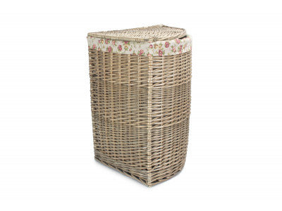 Basket, LARGE ANTIQUE WASH CORNER LAUNDRY BASKET with GARDEN ROSE LINING
