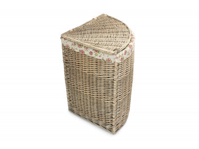 Basket, LARGE ANTIQUE WASH CORNER LAUNDRY BASKET with GARDEN ROSE LINING