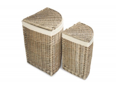 Basket, Set of 2 ANTIQUE WASH CORNER LAUNDRY BASKET with WHITE LINING 