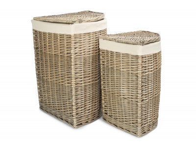 Basket, Set of 2 ANTIQUE WASH CORNER LAUNDRY BASKET with WHITE LINING 