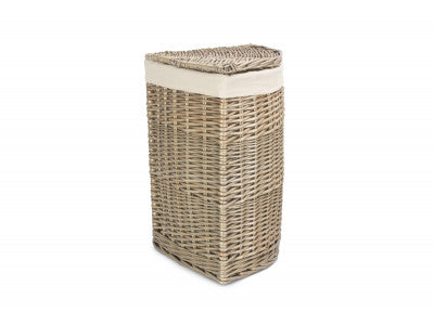Basket, SMALL ANTIQUE WASH CORNER LAUNDRY BASKET with WHITE LINING