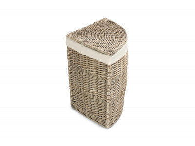 Basket, SMALL ANTIQUE WASH CORNER LAUNDRY BASKET with WHITE LINING