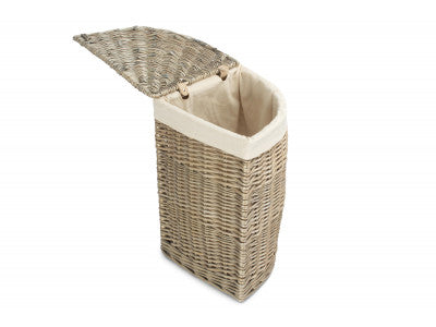 Basket, SMALL ANTIQUE WASH CORNER LAUNDRY BASKET with WHITE LINING