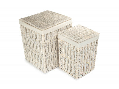 Basket, Set of 2 SQUARE WHITE WASH LAUNDRY HAMPER with WHITE LINING 