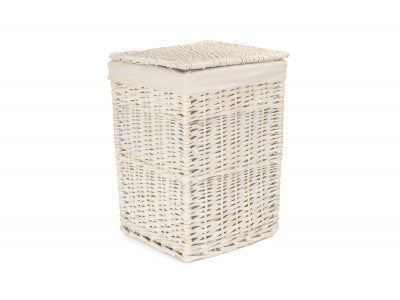 Basket, SMALL SQUARE WHITE WASH LAUNDRY HAMPER with WHITE LINING