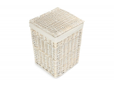 Basket, SMALL SQUARE WHITE WASH LAUNDRY HAMPER with WHITE LINING
