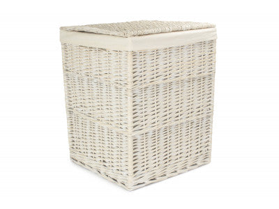 Basket, LARGE SQUARE WHITE WASH LAUNDRY HAMPER with WHITE LINING