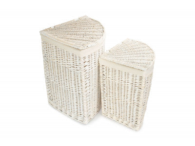 Basket, Set of 2 WHITE WASH CORNER LAUNDRY BASKET with WHITE LINING 