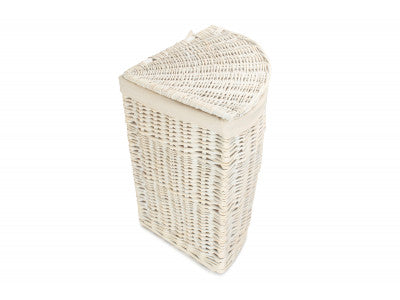 Basket, SMALL CORNER WHITE WASH LAUNDRY HAMPER with WHITE LINING