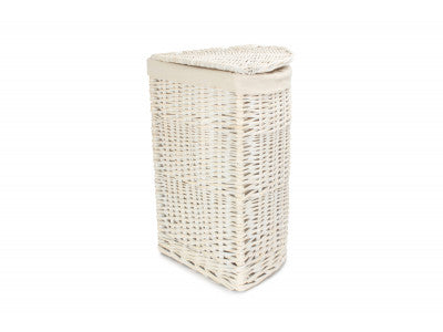 Basket, SMALL CORNER WHITE WASH LAUNDRY HAMPER with WHITE LINING