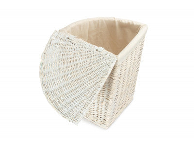 Basket, SMALL CORNER WHITE WASH LAUNDRY HAMPER with WHITE LINING
