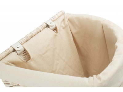 Basket, SMALL CORNER WHITE WASH LAUNDRY HAMPER with WHITE LINING