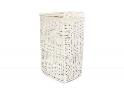 Basket, LARGE CORNER WHITE WASH LAUNDRY HAMPER with WHITE LINING