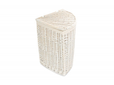Basket, LARGE CORNER WHITE WASH LAUNDRY HAMPER with WHITE LINING