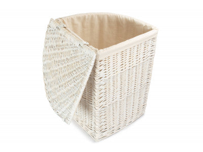 Basket, LARGE CORNER WHITE WASH LAUNDRY HAMPER with WHITE LINING