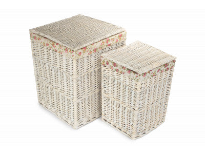 Basket, Set of 2 SQUARE WHITE WASH LAUNDRY HAMPER with  GARDEN ROSE LINING 