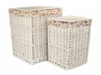 Basket, Set of 2 SQUARE WHITE WASH LAUNDRY HAMPER with  GARDEN ROSE LINING 