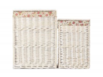 Basket, Set of 2 SQUARE WHITE WASH LAUNDRY HAMPER with  GARDEN ROSE LINING 