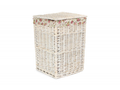 Basket, SMALL SQUARE WHITE WASH LAUNDRY HAMPER with GARDEN ROSE LINING