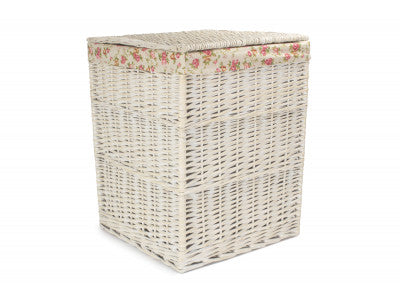 Basket, LARGE SQUARE WHITE WASH LAUNDRY HAMPER with GARDEN ROSE LINING
