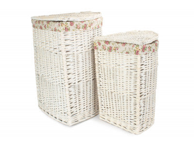 Basket, Set of 2 CORNER WHITE WASH LAUNDRY HAMPER with GARDEN ROSE LINING 