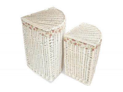 Basket, Set of 2 CORNER WHITE WASH LAUNDRY HAMPER with GARDEN ROSE LINING 