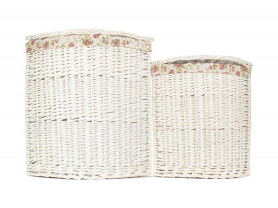 Basket, Set of 2 CORNER WHITE WASH LAUNDRY HAMPER with GARDEN ROSE LINING 