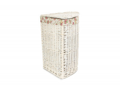 Basket, SMALL CORNER WHITE WASH LAUNDRY HAMPER with GARDEN ROSE LINING