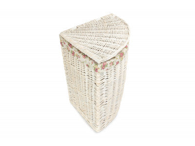 Basket, SMALL CORNER WHITE WASH LAUNDRY HAMPER with GARDEN ROSE LINING