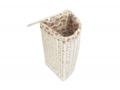 Basket, SMALL CORNER WHITE WASH LAUNDRY HAMPER with GARDEN ROSE LINING