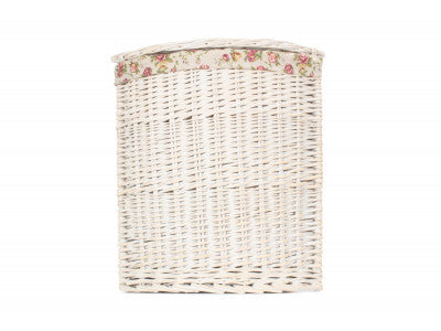 Basket, SMALL CORNER WHITE WASH LAUNDRY HAMPER with GARDEN ROSE LINING