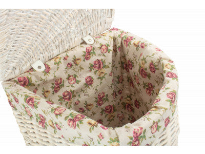 Basket, SMALL CORNER WHITE WASH LAUNDRY HAMPER with GARDEN ROSE LINING