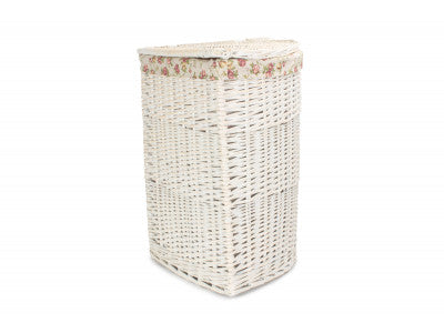 Basket, LARGE CORNER WHITE WASH LAUNDRY HAMPER with GARDEN ROSE LINING